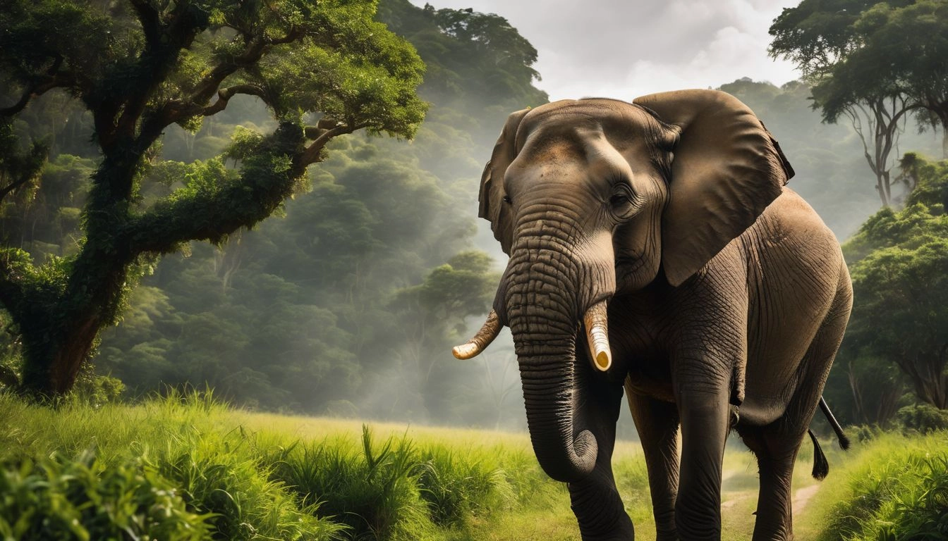 A majestic elephant walking through lush greenery in a national park.