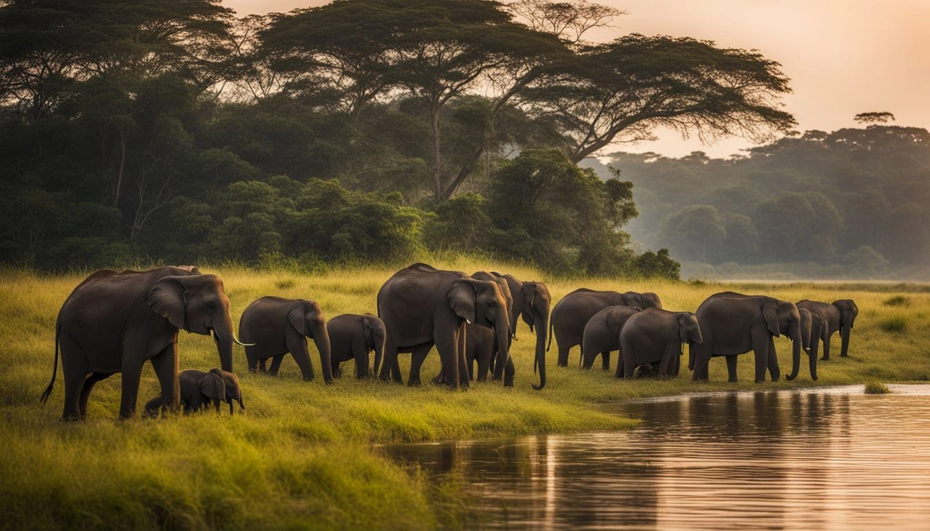 A herd of elephants grazing near a reservoir in Kaudulla National Park.