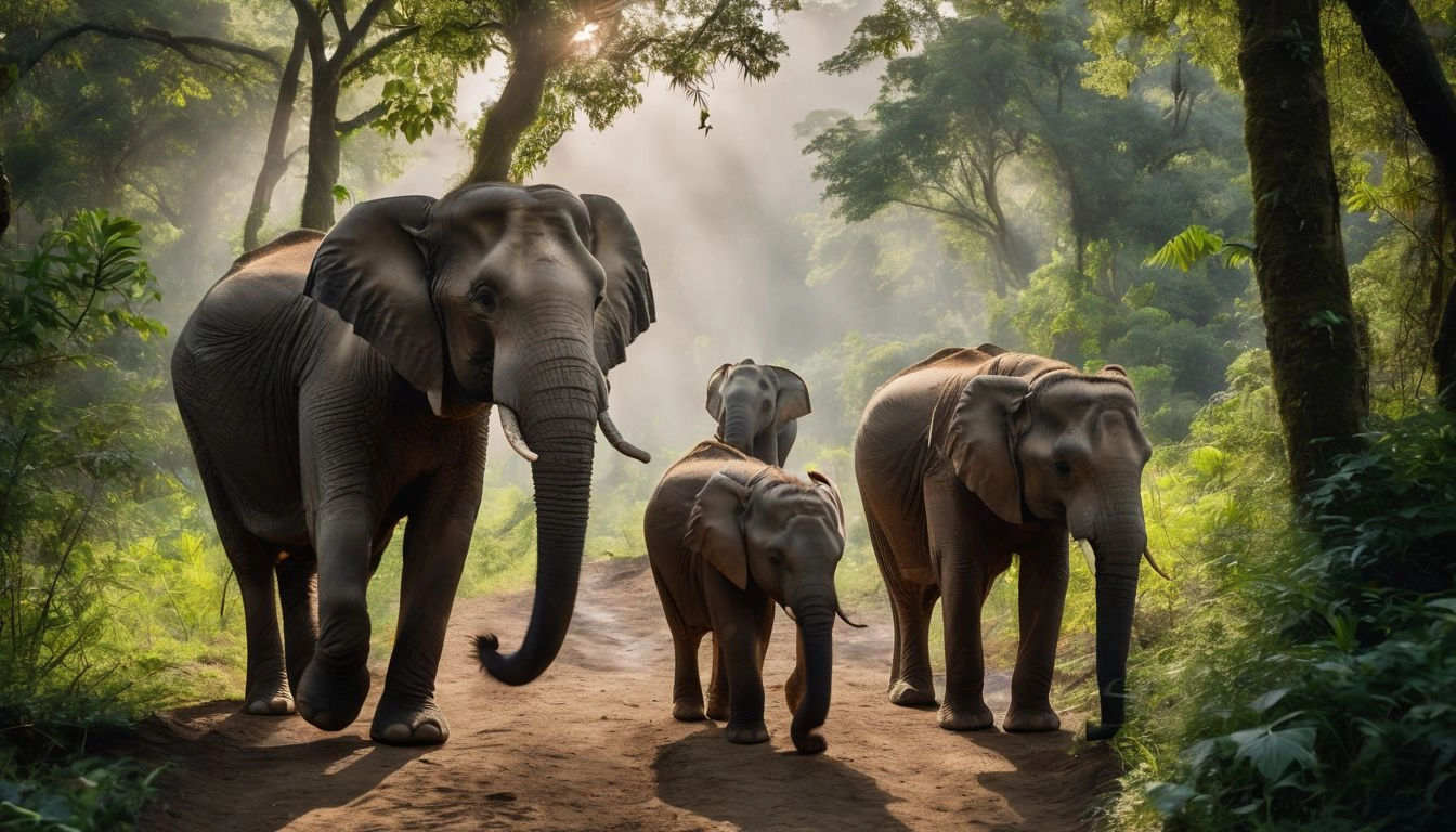 A family of elephants walking through a lush forest.