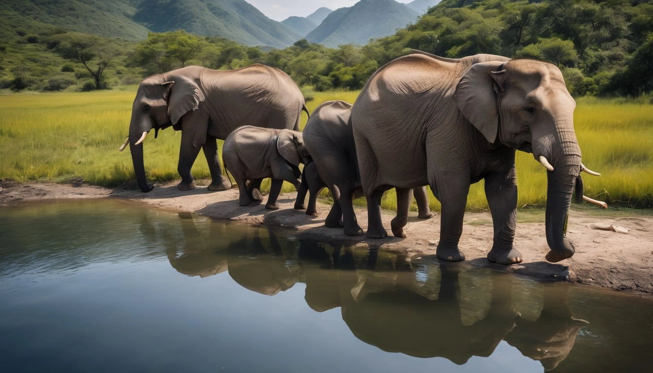 Elephant family peacefully grazing near a serene river, captured in stunning detail.