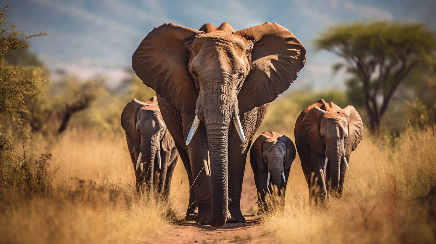 A beautiful photo of a family of elephants in the African savanna.