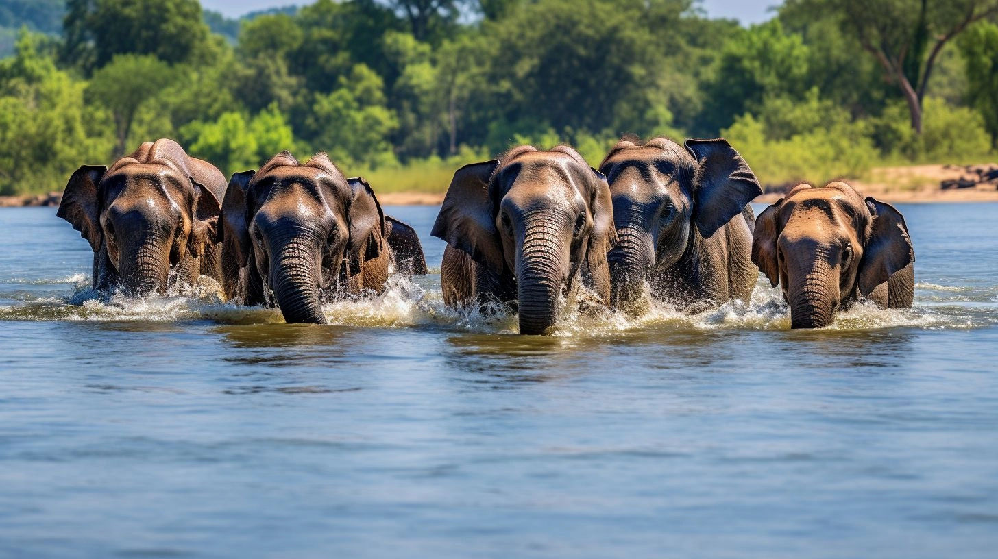 A group of elephants bathing in a peaceful river.