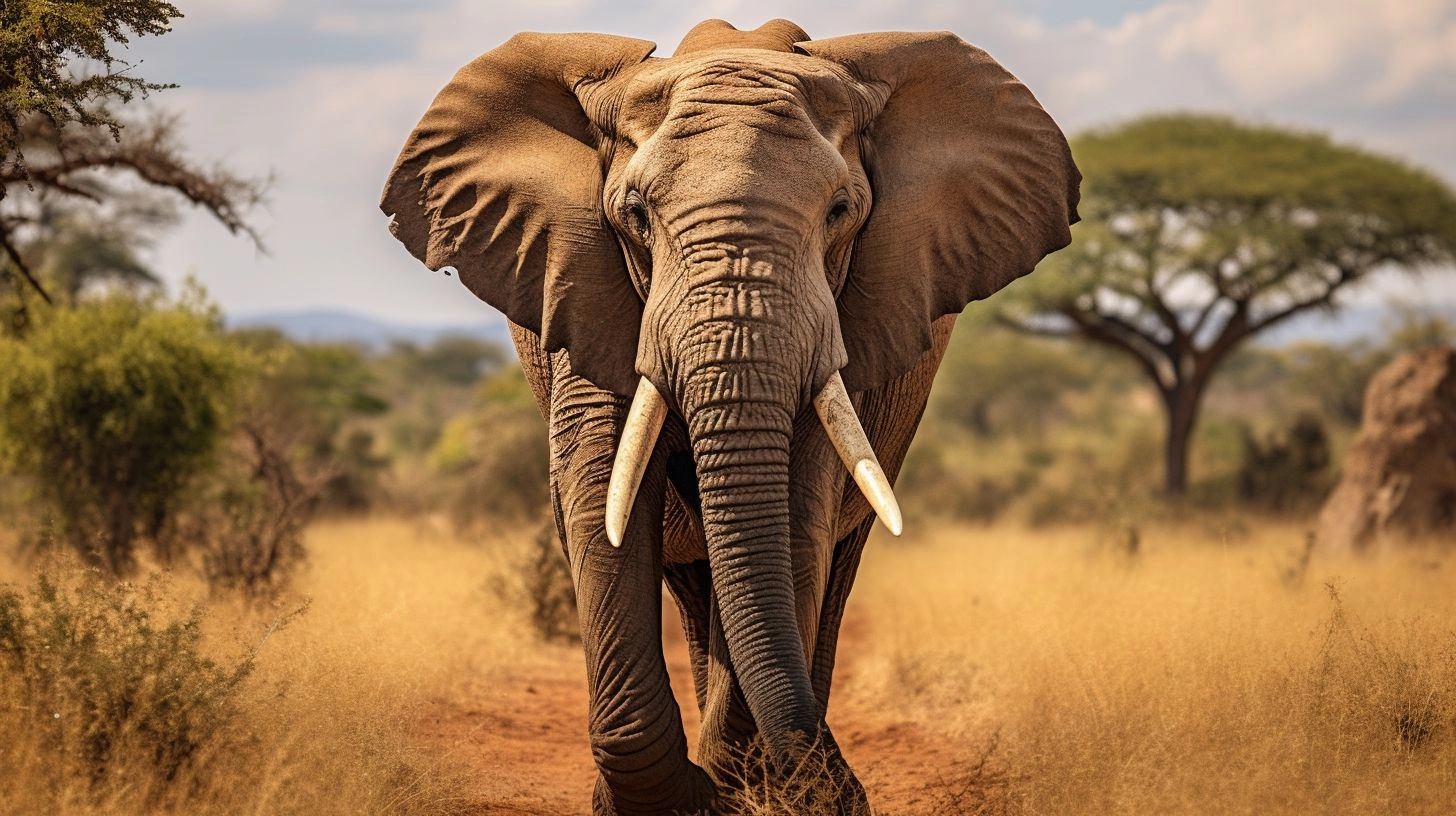 A Caucasian wildlife photographer captures an elephant walking in African savanna.
